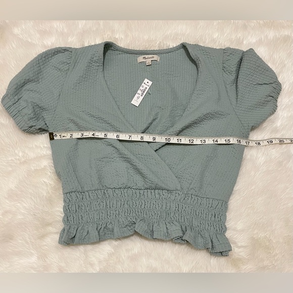 NEW Madewell * Knit Seersucker Smock-Waist Crop Top, Frosted Sage (green), Small - Picture 7 of 10